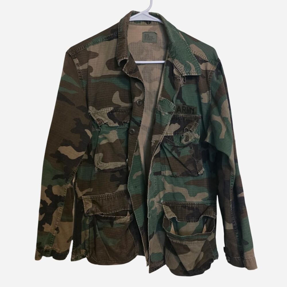 Vintage US Army Woodland Camo BDU Field Jacket Shirt Small Short Ripstop